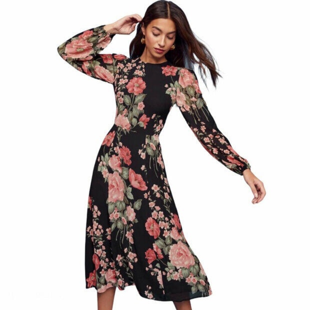 Reformation Navy Floral Longsleeve Party Dress 10